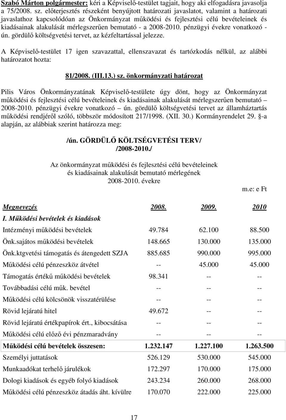 mérlegszerően bemutató - a 2008-2010. pénzügyi évekre vonatkozó - ún. gördülı költségvetési tervet, az kézfeltartással jelezze.