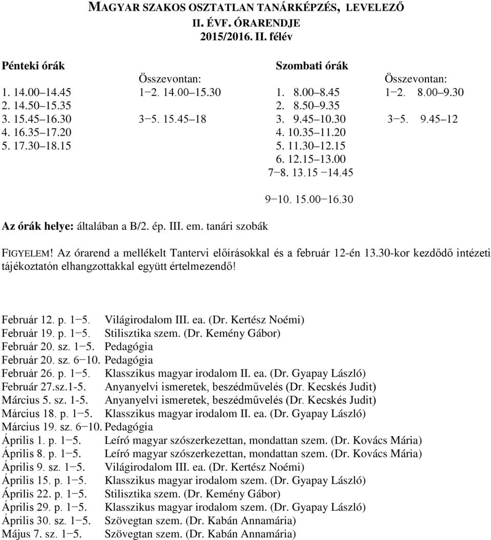 sz.1-5. Anyanyelvi ismeretek, beszédművelés (Dr. Kecskés Judit) Március 5. sz. 1-5. Anyanyelvi ismeretek, beszédművelés (Dr. Kecskés Judit) Március 18. p. 1 5. Klasszikus magyar irodalom II. ea. (Dr. Gyapay László) Március 19.