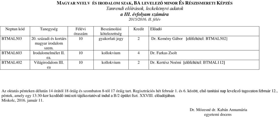 Kemény Gábor [előfeltétel: BTMAL502] magyar irodalom szem. BTMAL603 Irodalomelmélet II. 10 kollokvium 4 Dr. Farkas Zsolt ea. BTMAL402 Világirodalom III. ea 10 kollokvium 2 Dr.