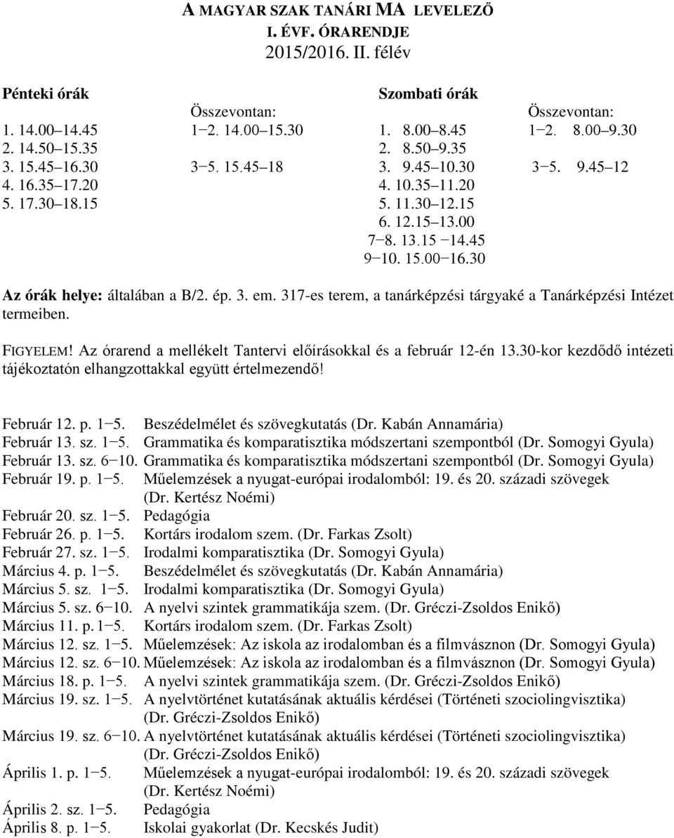 Grammatika és komparatisztika módszertani szempontból (Dr. Somogyi Gyula) Február 19. p. 1 5. Műelemzések a nyugat-európai irodalomból: 19. és 20. századi szövegek (Dr. Kertész Noémi) Február 20. sz. 1 5. Pedagógia Február 26.