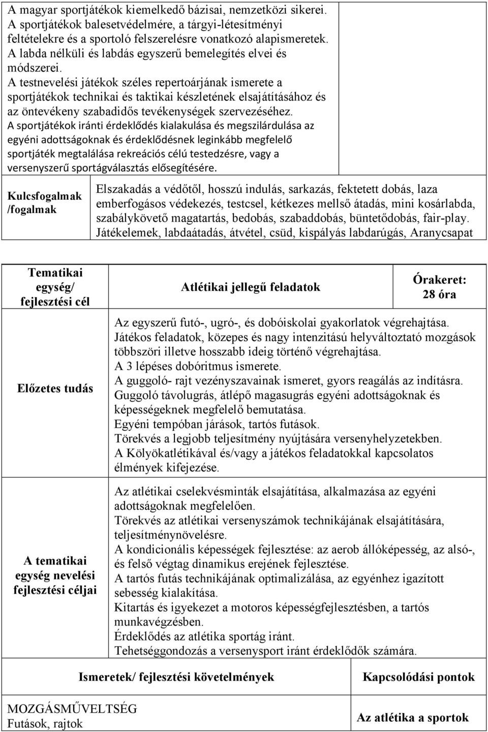 A testnevelési játékok széles repertoárjának ismerete a sportjátékok technikai és taktikai készletének elsajátításához és az öntevékeny szabadidıs tevékenységek szervezéséhez.