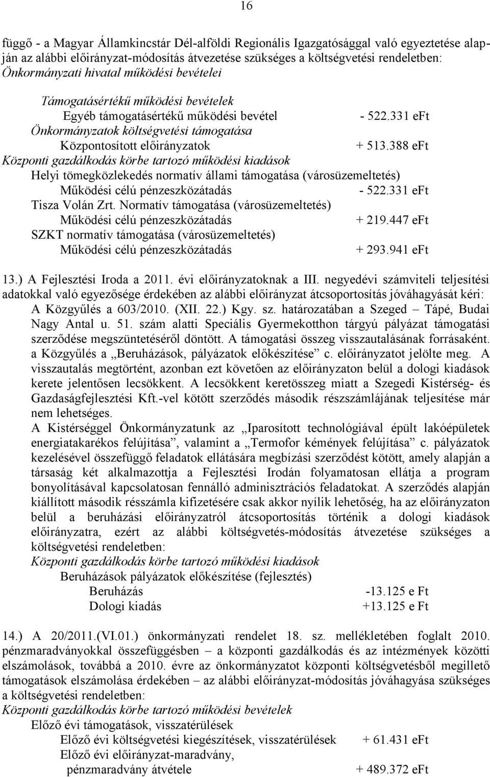 388 eft Helyi tömegközlekedés normatív állami támogatása (városüzemeltetés) - 522.331 eft Tisza Volán Zrt. Normatív támogatása (városüzemeltetés) + 219.