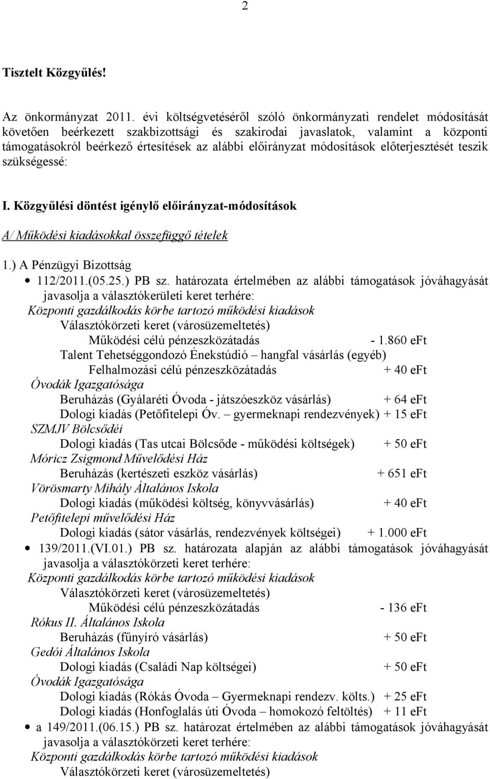 előirányzat módosítások előterjesztését teszik szükségessé: I. Közgyűlési döntést igénylő előirányzat-módosítások A/ kal összefüggő tételek 1.) A Pénzügyi Bizottság 112/2011.(05.25.) PB sz.