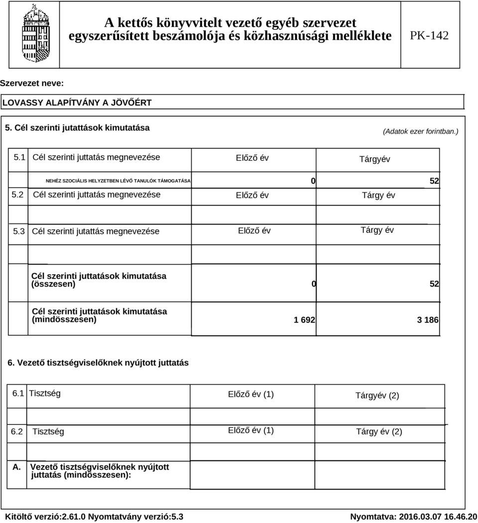 2 Cél szerinti juttats megnevezése Előző év Trgy év 5.