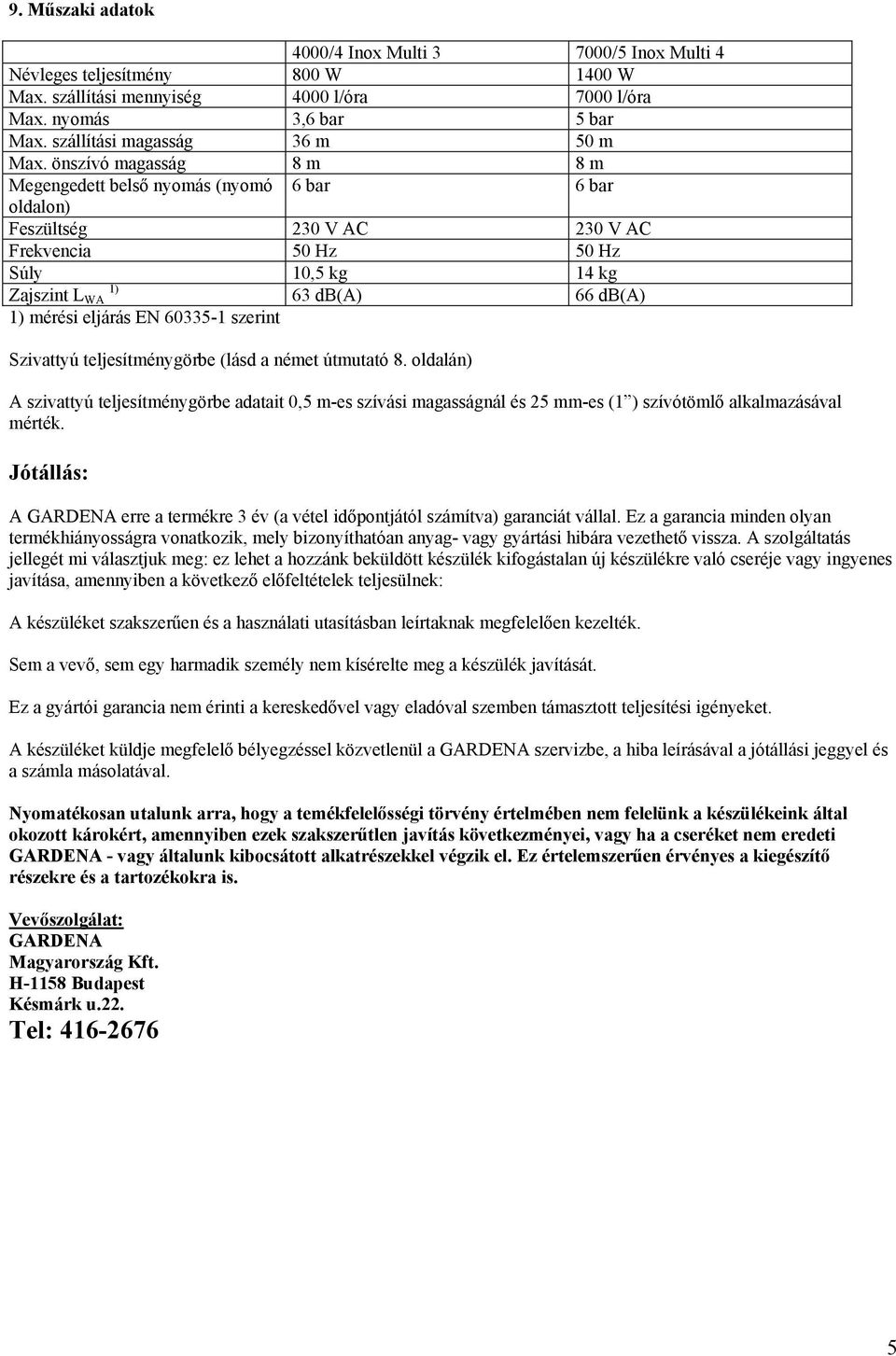 önszívó magasság 8 m 8 m Megengedett bels nyomás (nyomó 6 bar 6 bar oldalon) Feszültség 230 V AC 230 V AC Frekvencia 50 Hz 50 Hz Súly 10,5 kg 14 kg Zajszint L 1) WA 63 db(a) 66 db(a) 1) mérési