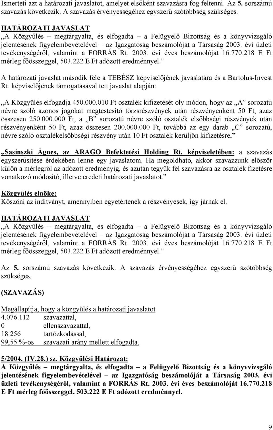 évi üzleti tevékenységéről, valamint a FORRÁS Rt. 2003. évi éves beszámolóját 16.770.218 E Ft mérleg főösszeggel, 503.222 E Ft adózott eredménnyel.