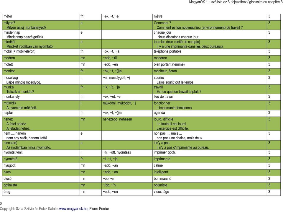 mobil (= mobiltlfon) fn ~ok, ~t, ~ja téléphon portabl modrn mn ~bb, ~ül modrn moltt mn ~bb, ~n bin portant (fmm) monitor fn ~ok, ~t, ~(j)a monitur, écran mosolyog i ~ni, mosolygott, ~j sourir Lajos