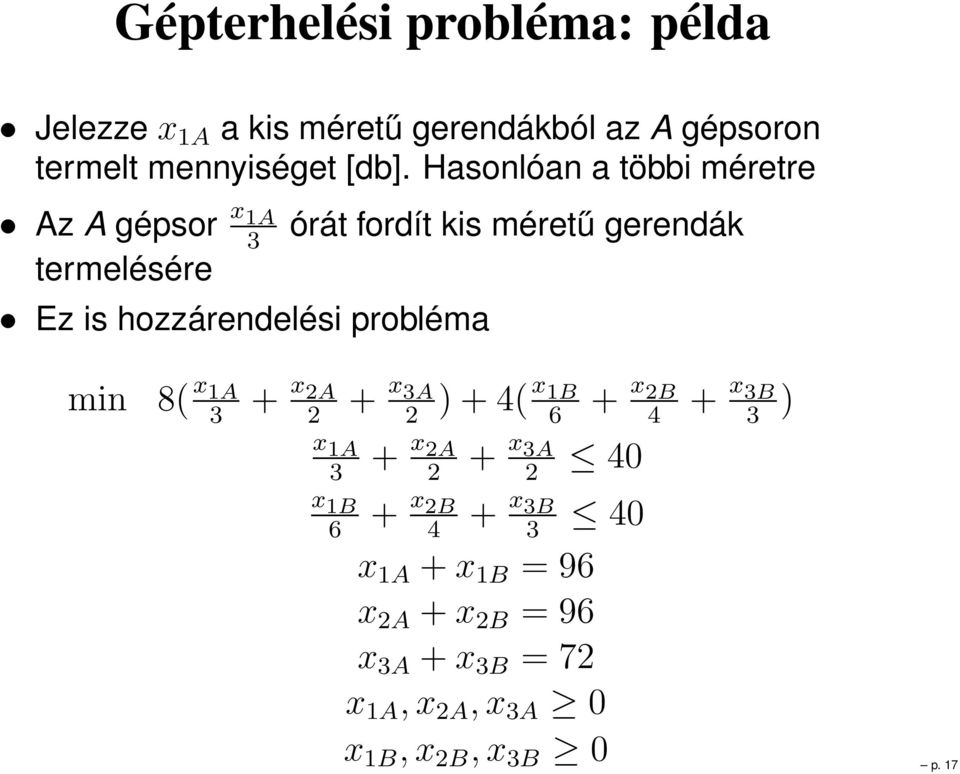 hozzárendelési probléma min 8( x A 3 + x 2A 2 + x 3A 2 )+4( x B 6 + x 2B 4 + x 3B 3 ) x A 3 + x 2A 2 + x