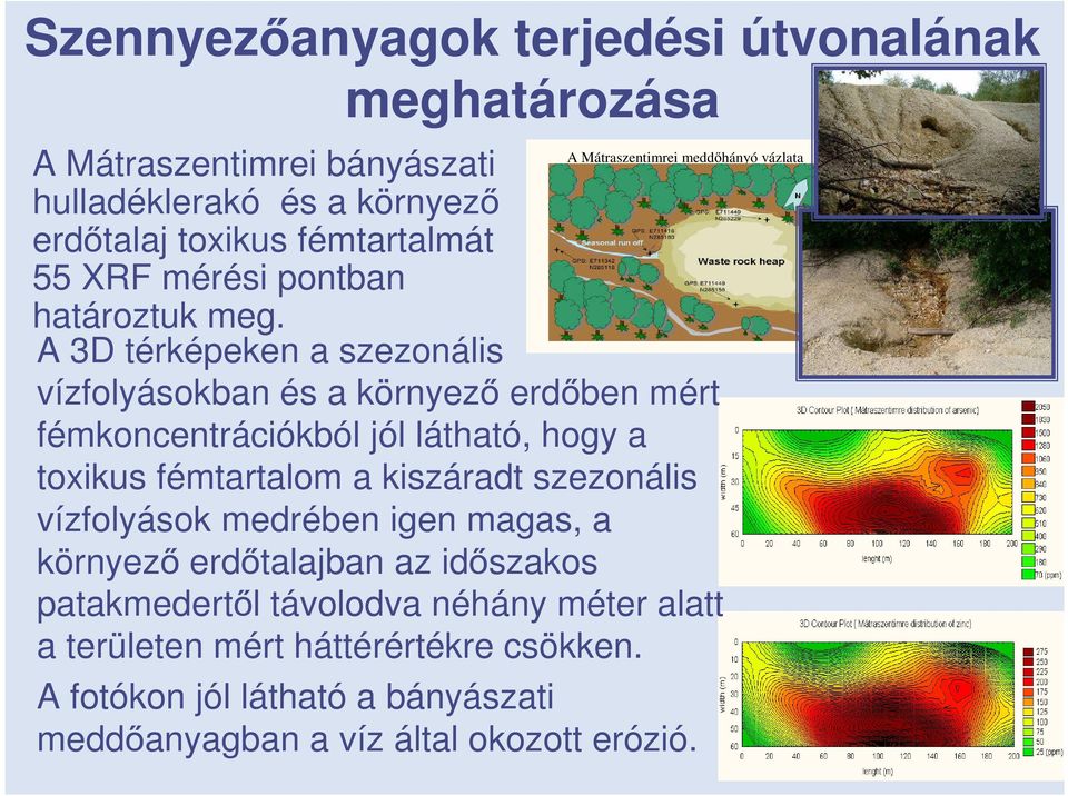 A 3D térképeken a szezonális vízfolyásokban és a környező erdőben mért fémkoncentrációkból jól látható, hogy a toxikus fémtartalom a kiszáradt