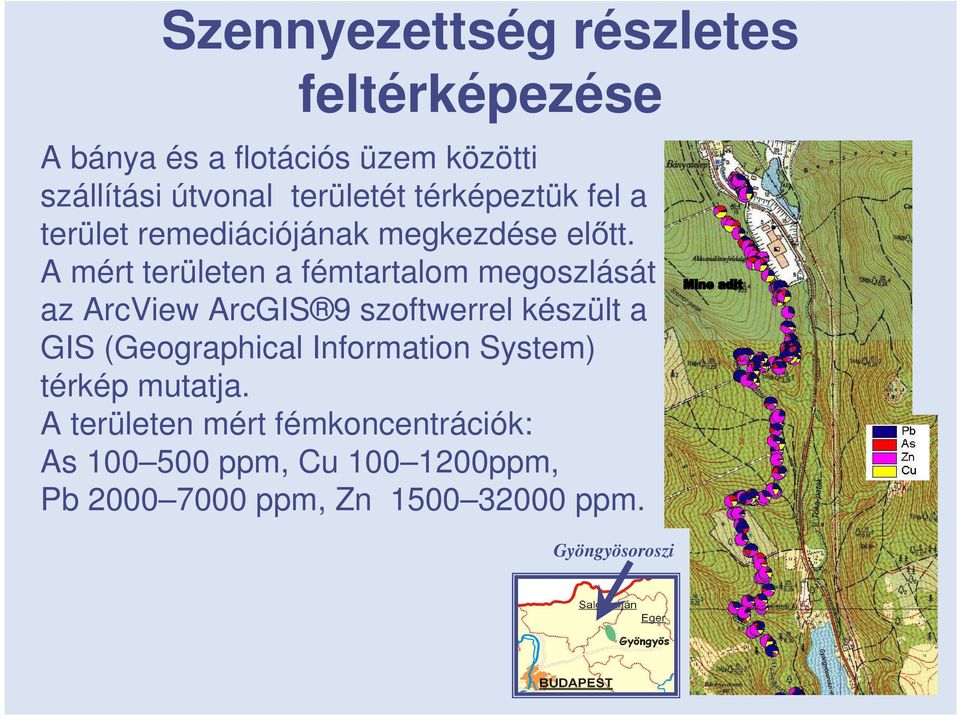 A mért területen a fémtartalom megoszlását az ArcView ArcGIS 9 szoftwerrel készült a GIS (Geographical