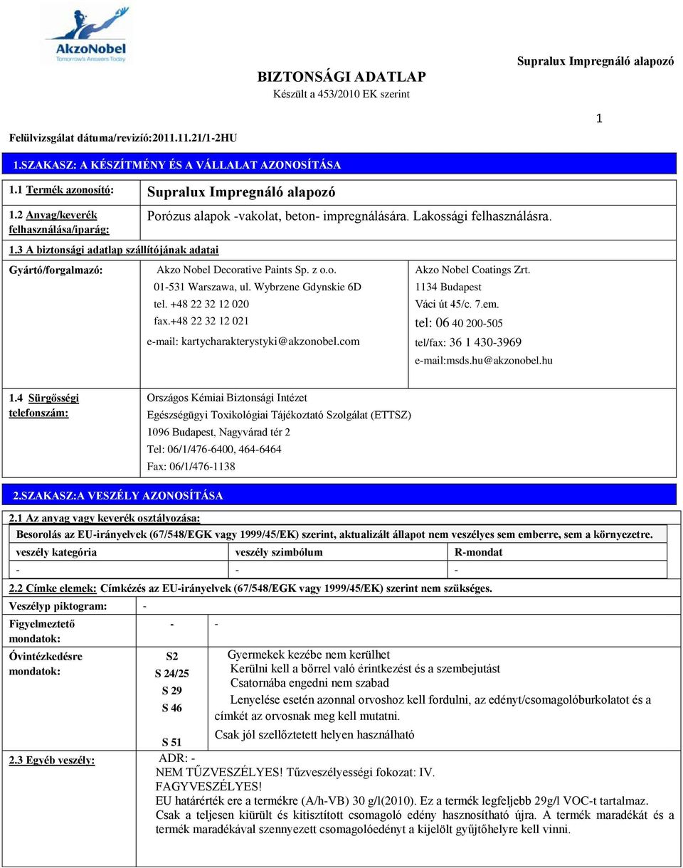 Wybrzene Gdynskie 6D tel. +48 22 32 12 020 fax.+48 22 32 12 021 email: kartycharakterystyki@akzonobel.com Akzo Nobel Coatings Zrt. 1134 Budapest Váci út 45/c. 7.em. tel: 06 40 200505 tel/fax: 36 1 4303969 email:msds.