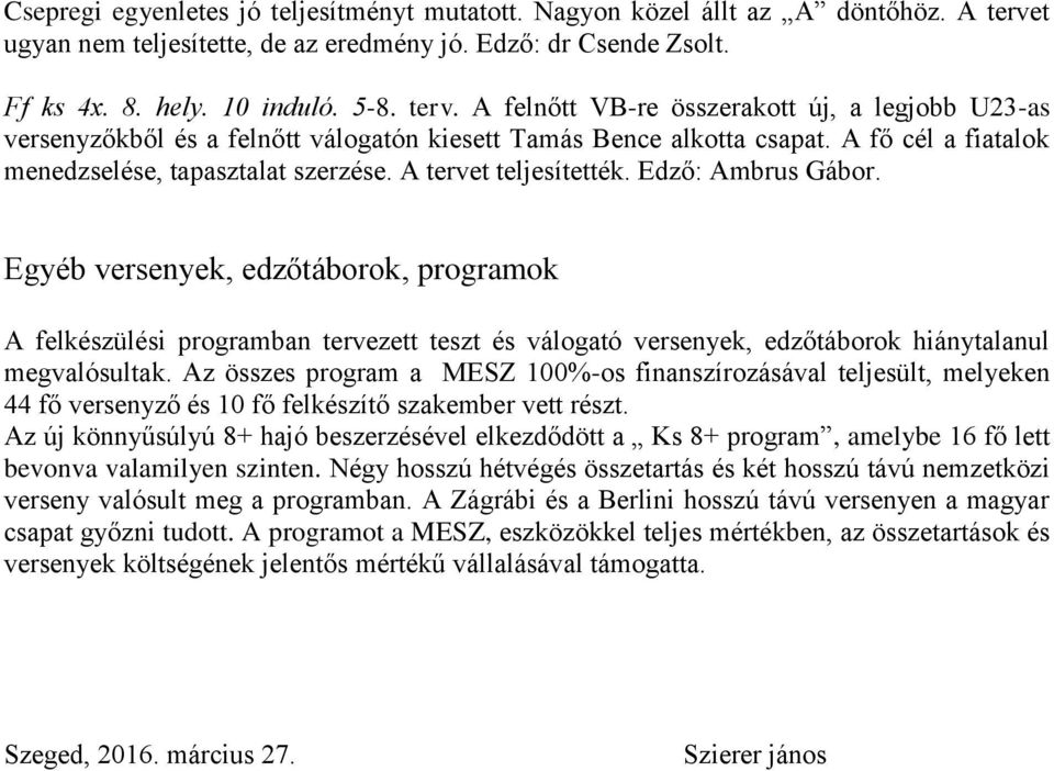 A felnőtt VB-re összerakott új, a legjobb U23-as versenyzőkből és a felnőtt válogatón kiesett Tamás Bence alkotta csapat. A fő cél a fiatalok menedzselése, tapasztalat szerzése.