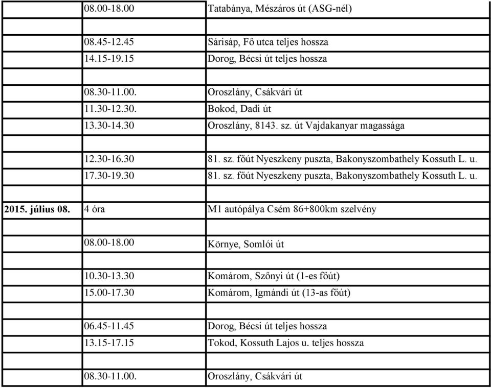 július 08. 4 óra M1 autópálya Csém 86+800km szelvény 08.00-18.00 Környe, Somlói út 10.30-13.30 Komárom, Szőnyi út (1-es főút) 15.00-17.