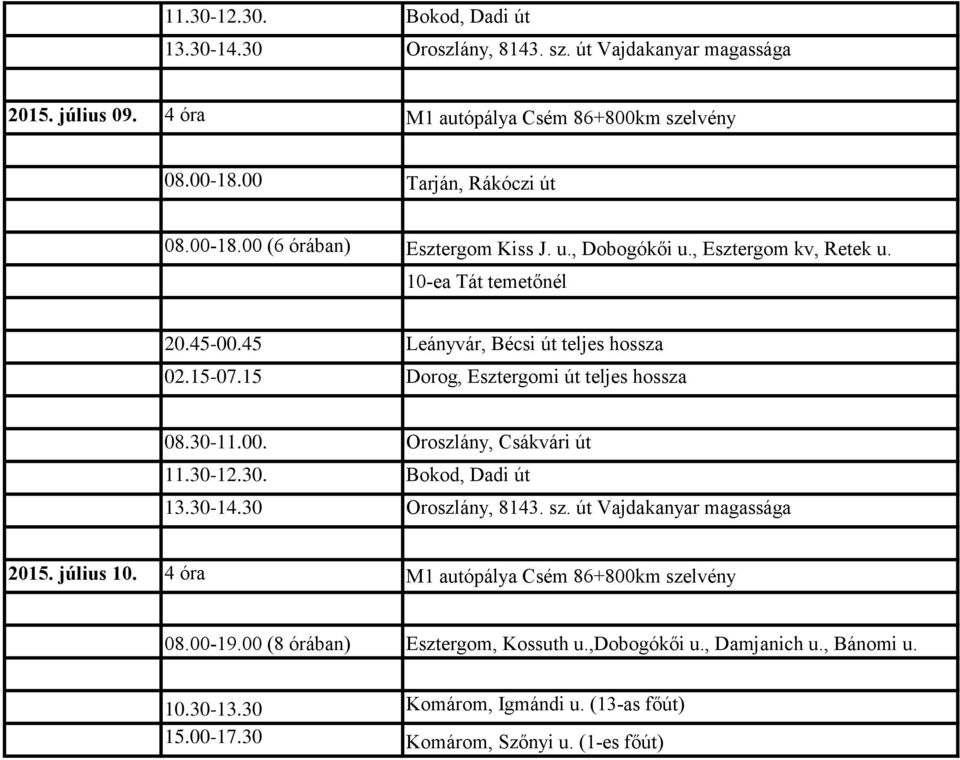 15-07.15 Dorog, Esztergomi út teljes hossza 11.30-12.30. Bokod, Dadi út 13.30-14.30 Oroszlány, 8143. sz. út Vajdakanyar magassága 2015. július 10.