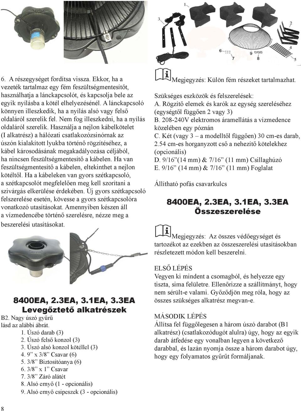 Használja a nejlon kábelkötelet (I alkatrész) a hálózati csatlakozózsinórnak az úszón kialakított lyukba történő rögzítéséhez, a kábel károsodásának megakadályozása céljából, ha nincsen