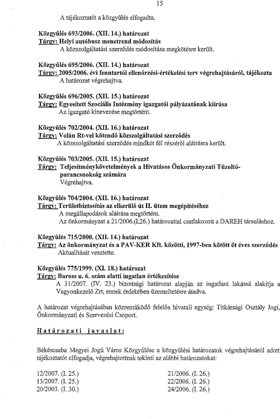 ) határozat Tárgy: Egyesített Szociális Intézmény igazgatói pályázatának kiírása Az igazgató kinevezése megtörtént. Közgyűlés 702/2004. (XII. 16.