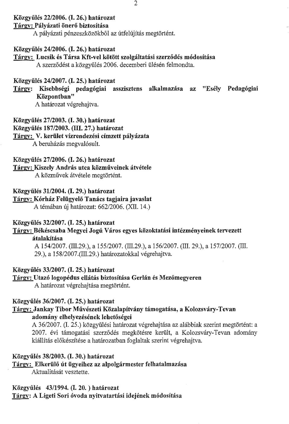 ) határozat Tárgy: Kisebbségi pedagógiai asszisztens alkalmazása az "Esély Pedagógiai Központban" A határozat végrehajtva. Közgyűlés 27/2003. (I. 30.) határozat Közgyűlés187/2003. (III. 27.) határozat Tárgy: V.