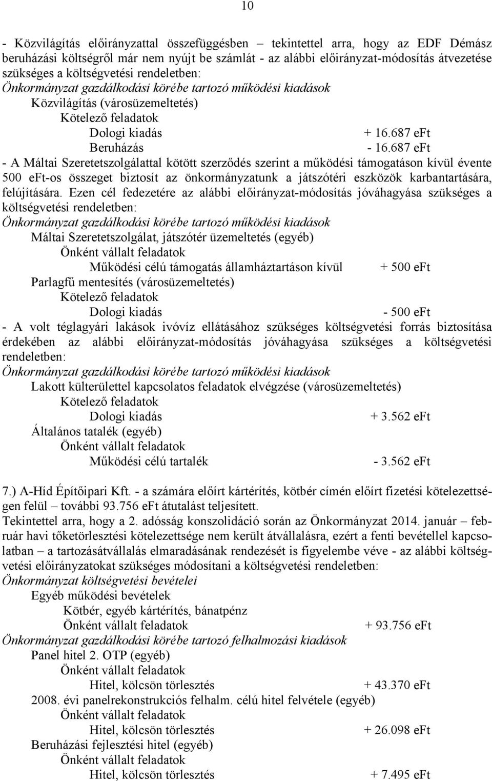 687 eft - A Máltai Szeretetszolgálattal kötött szerződés szerint a működési támogatáson kívül évente 500 eft-os összeget biztosít az önkormányzatunk a játszótéri eszközök karbantartására,