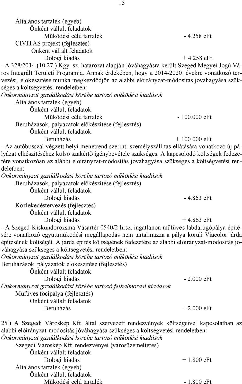 000 eft Beruházások, pályázatok előkészítése (fejlesztés) Beruházás + 100.