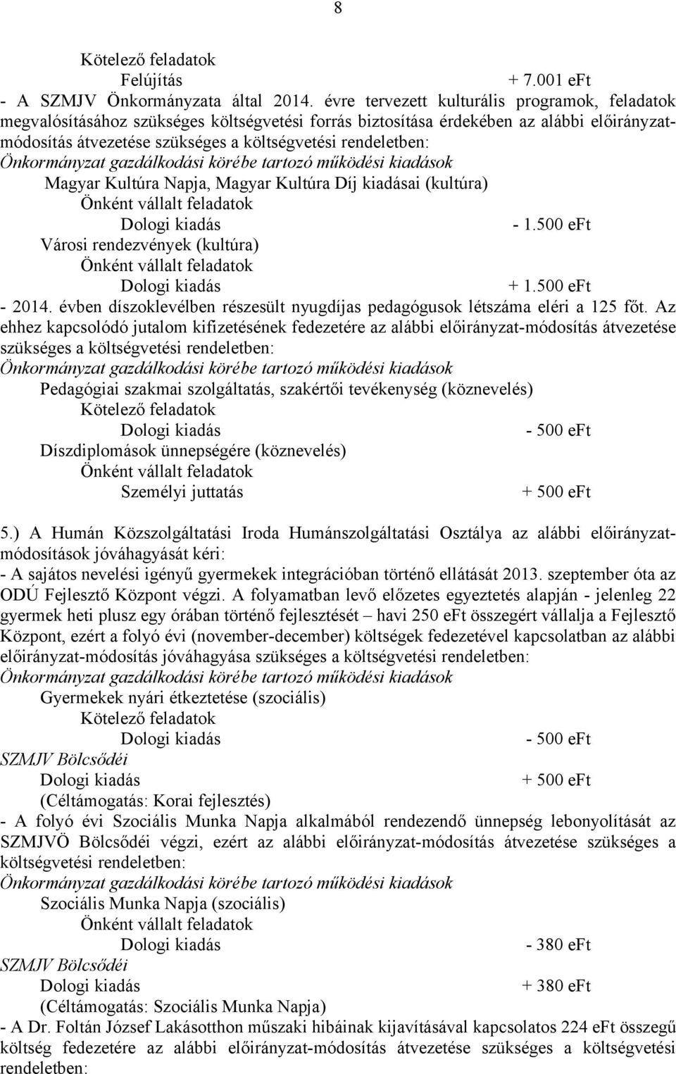 Magyar Kultúra Napja, Magyar Kultúra Díj kiadásai (kultúra) - 1.500 eft Városi rendezvények (kultúra) + 1.500 eft - 2014. évben díszoklevélben részesült nyugdíjas pedagógusok létszáma eléri a 125 főt.