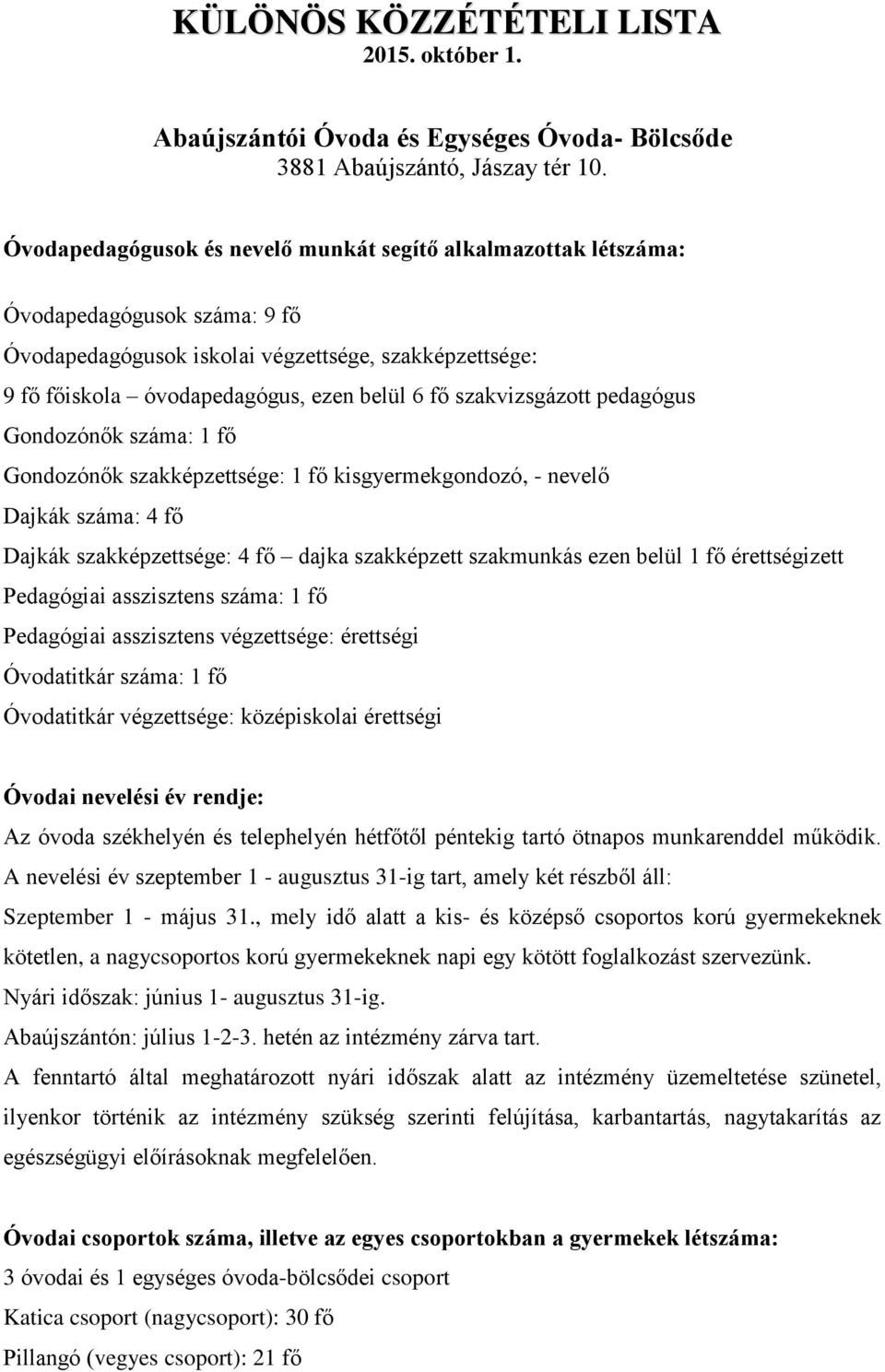 kisgyermekgondozó, - nevelő Dajkák száma: 4 fő Dajkák szakképzettsége: 4 fő dajka szakképzett szakmunkás ezen belül 1 fő érettségizett Pedagógiai asszisztens száma: 1 fő Óvodatitkár száma: 1 fő