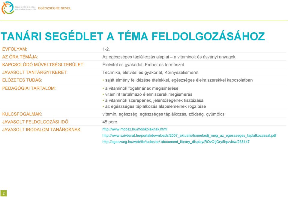 táplálkozás alapjai a vitaminok és ásványi anyagok Életvitel és gyakorlat, Ember és természet Technika, életvitel és gyakorlat, Környezetismeret saját élmény felidézése ételekkel, egészséges