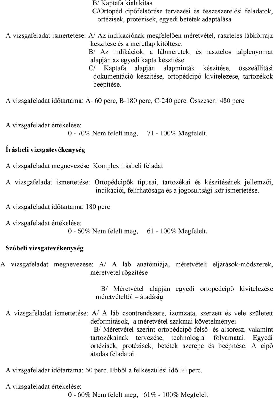 C/ Kaptafa alapján alapminták készítése, összeállítási dokumentáció készítése, ortopédcipő kivitelezése, tartozékok beépítése. A vizsgafeladat időtartama: A- 60 perc, B-180 perc, C-240 perc.