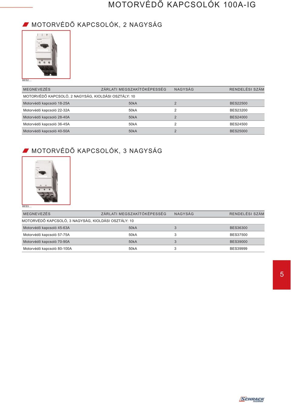 22-32A 50kA 2 BES23200 Motorvédı kapcsoló 28-40A 50kA 2 BES24000 Motorvédı kapcsoló 36-45A 50kA 2 BES24500 Motorvédı kapcsoló 40-50A 50kA 2 BES25000 MOTORVÉDİ KAPCSOLÓK, 3