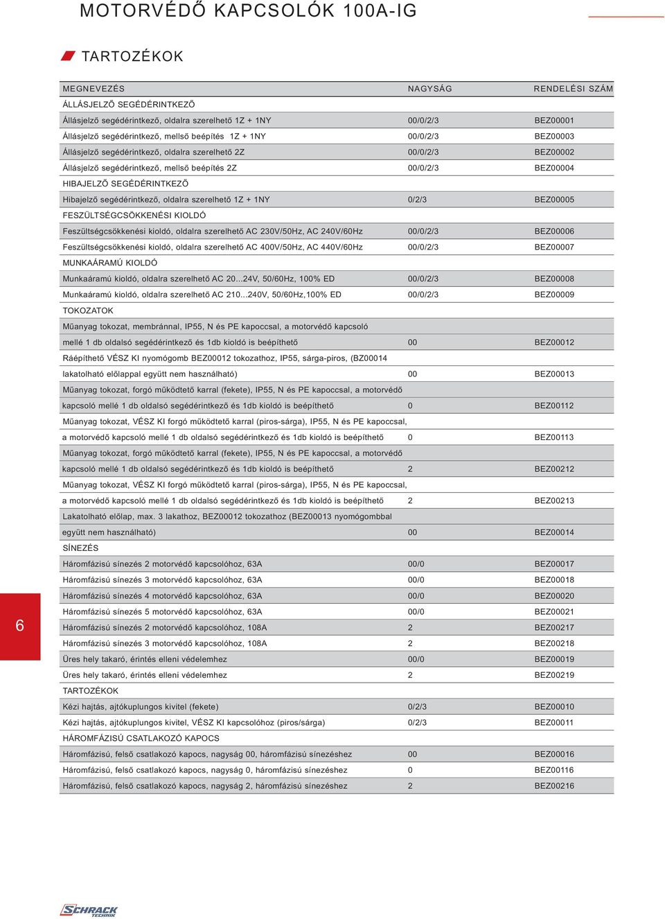 Hibajelzı segédérintkezı, oldalra szerelhetı 1Z + 1NY 0/2/3 BEZ00005 FESZÜLTSÉGCSÖKKENÉSI KIOLDÓ Feszültségcsökkenési kioldó, oldalra szerelhetı AC 230V/50Hz, AC 240V/60Hz 00/0/2/3 BEZ00006