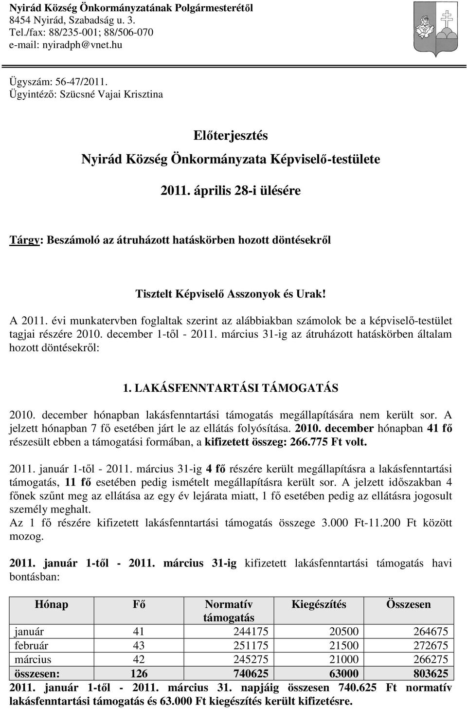 április 28-i ülésére Tárgy: Beszámoló az átruházott hatáskörben hozott döntésekrıl Tisztelt Képviselı Asszonyok és Urak! A 2011.