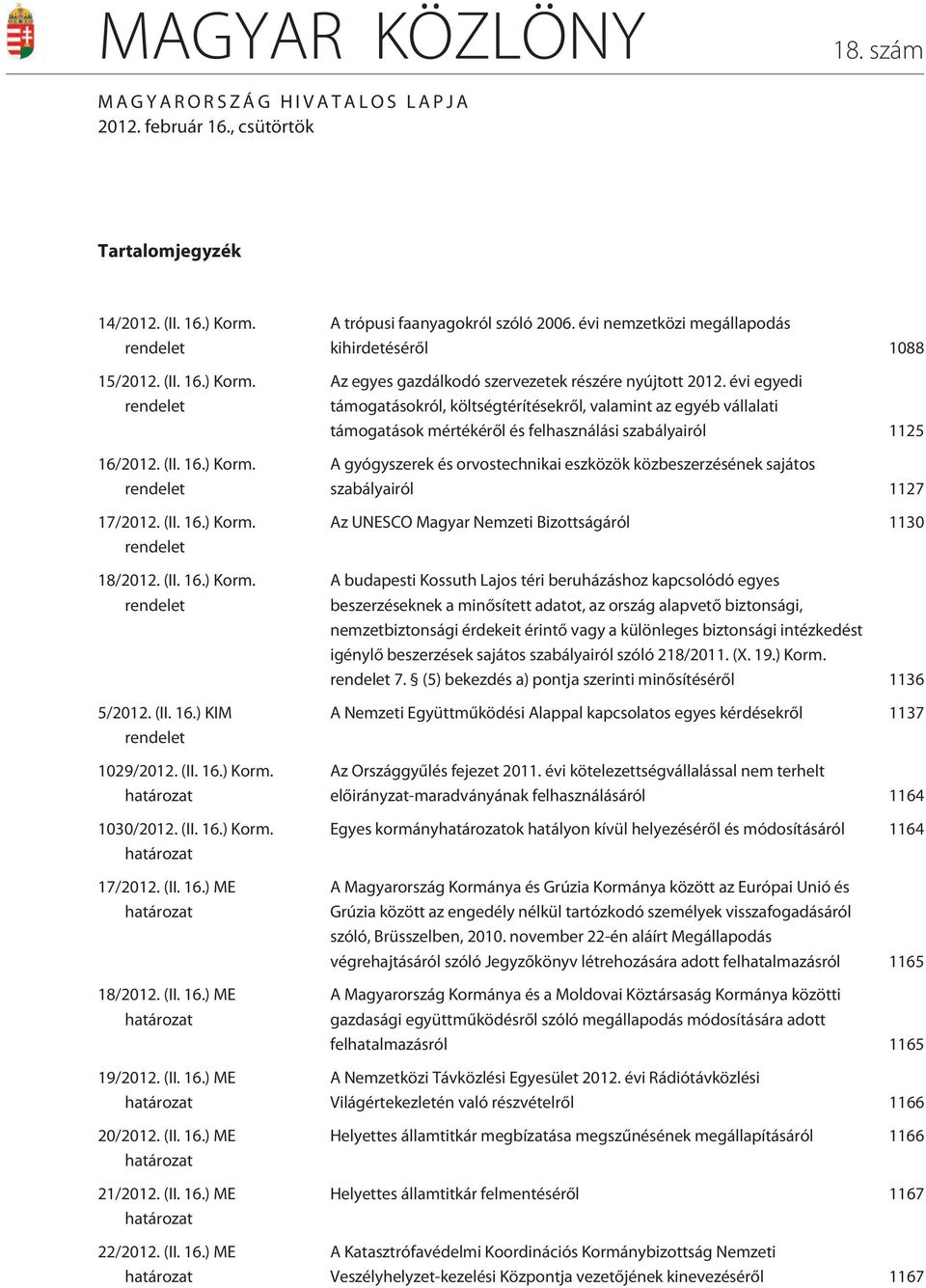 (II. 16.) ME határozat 19/2012. (II. 16.) ME határozat 20/2012. (II. 16.) ME határozat 21/2012. (II. 16.) ME határozat 22/2012. (II. 16.) ME határozat A trópusi faanyagokról szóló 2006.