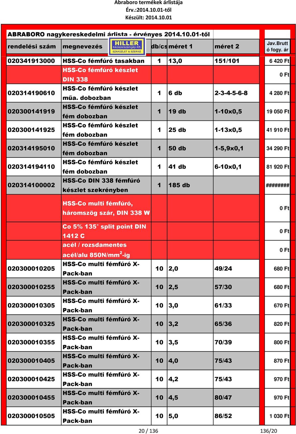 1-5,9x0,1 34 29 HSS-Co fémfúró készlet fém dobozban 1 41 db 6-10x0,1 81 92 HSS-Co DIN 338 fémfúró 1 185 db ######## készlet szekrényben HSS-Co multi fémfúró, háromszög szár, DIN 338 W 020300010205