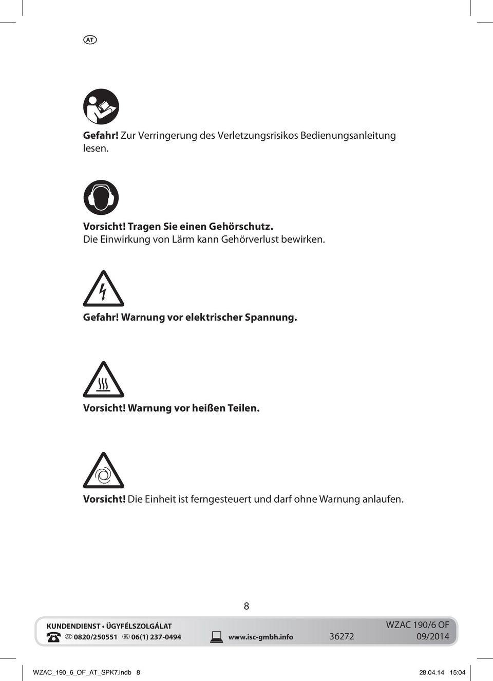 Warnung vor elektrischer Spannung. Vorsicht! Warnung vor heißen Teilen. Vorsicht! Die Einheit ist ferngesteuert und darf ohne Warnung anlaufen.