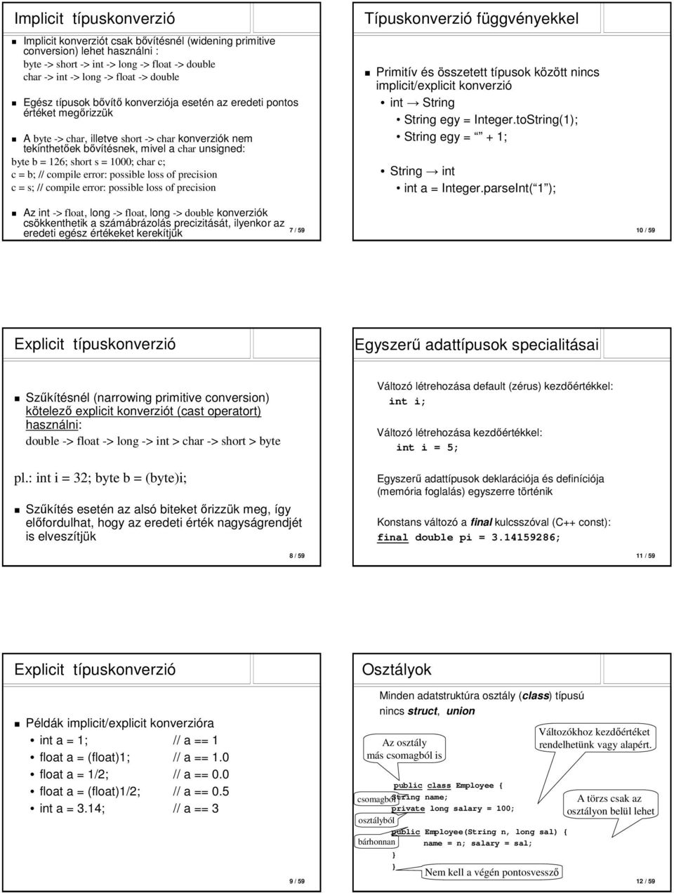 = 1000; char c; c = b; // compile error: possible loss of precision c = s; // compile error: possible loss of precision Típuskonverzió függvényekkel Primitív és összetett típusok között nincs