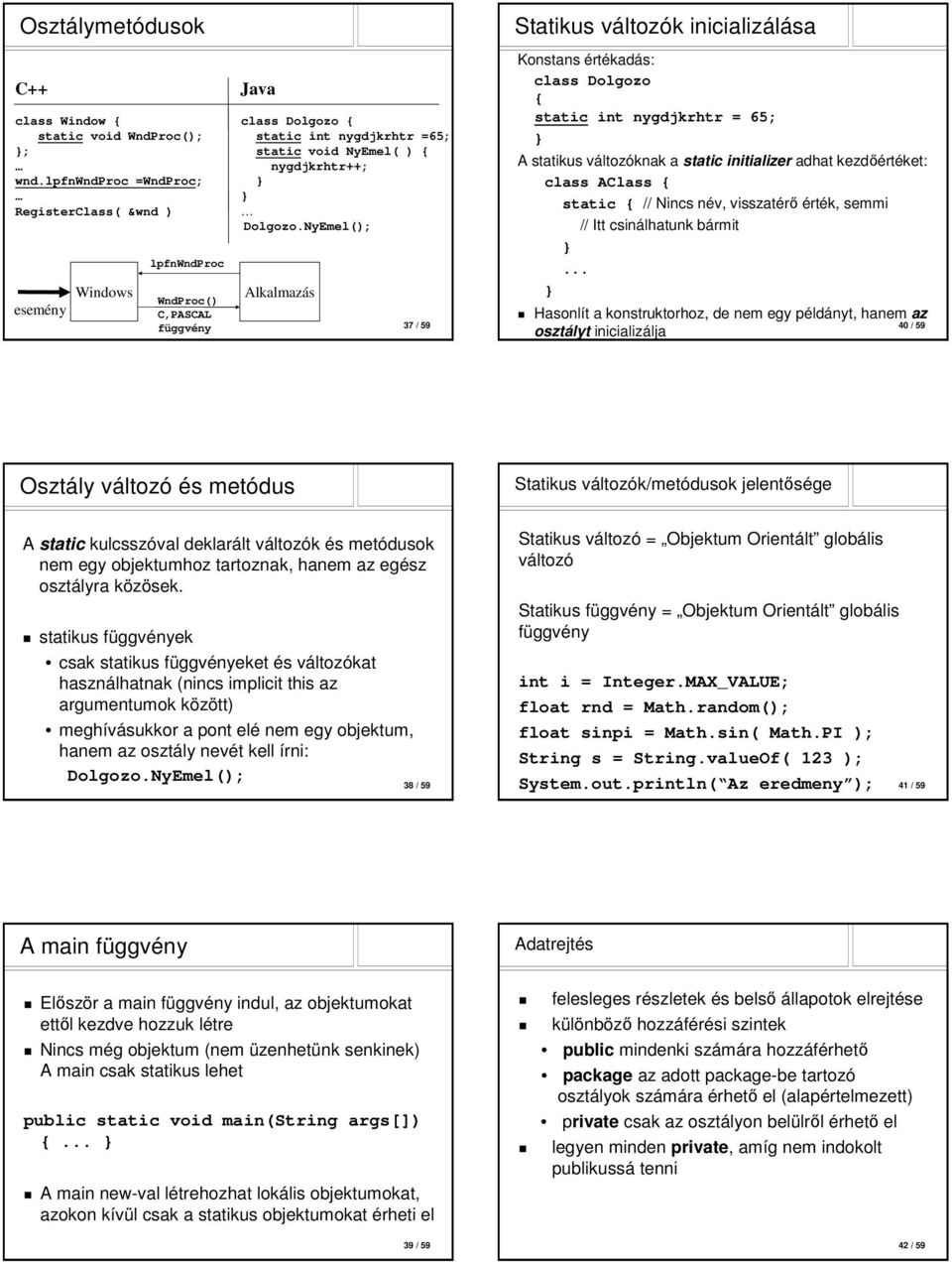 NyEmel(); Windows esemény lpfnwndproc WndProc() C,PASCAL függvény Alkalmazás 37 / 59 Statikus változók inicializálása Konstans értékadás: class Dolgozo { static int nygdjkrhtr = 65; A statikus