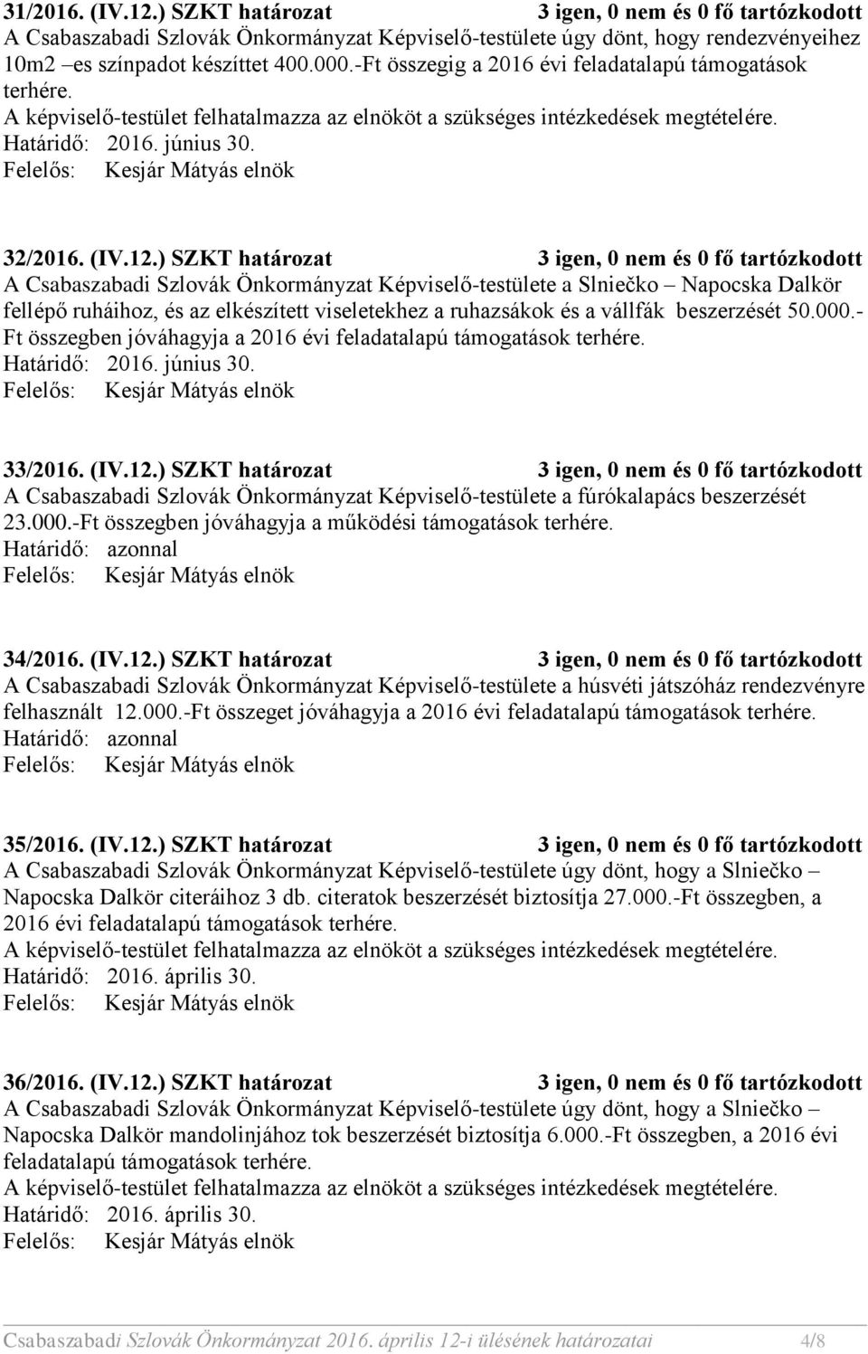 ) SZKT határozat 3 igen, 0 nem és 0 fő tartózkodott A Csabaszabadi Szlovák Önkormányzat Képviselő-testülete a Slniečko Napocska Dalkör fellépő ruháihoz, és az elkészített viseletekhez a ruhazsákok és