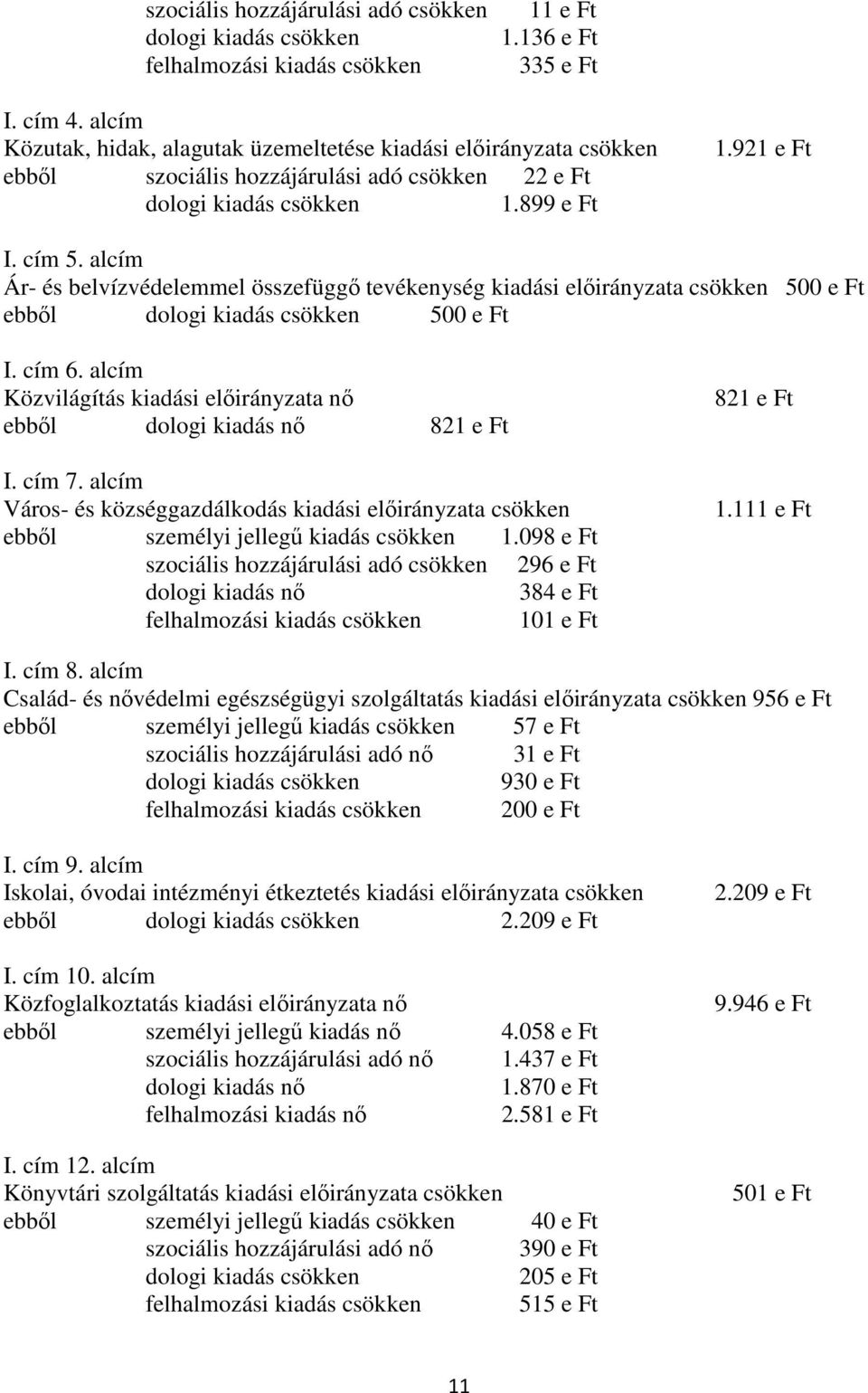 alcím Ár- és belvízvédelemmel összefüggő tevékenység kiadási előirányzata csökken 500 e Ft ebből dologi kiadás csökken 500 e Ft I. cím 6.