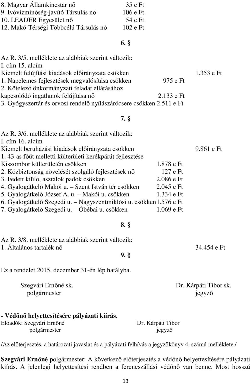 Kötelező önkormányzati feladat ellátásához kapcsolódó ingatlanok felújítása nő 2.133 e Ft 3. Gyógyszertár és orvosi rendelő nyílászárócsere csökken 2.511 e Ft 1.353 e Ft 7. Az R. 3/6.