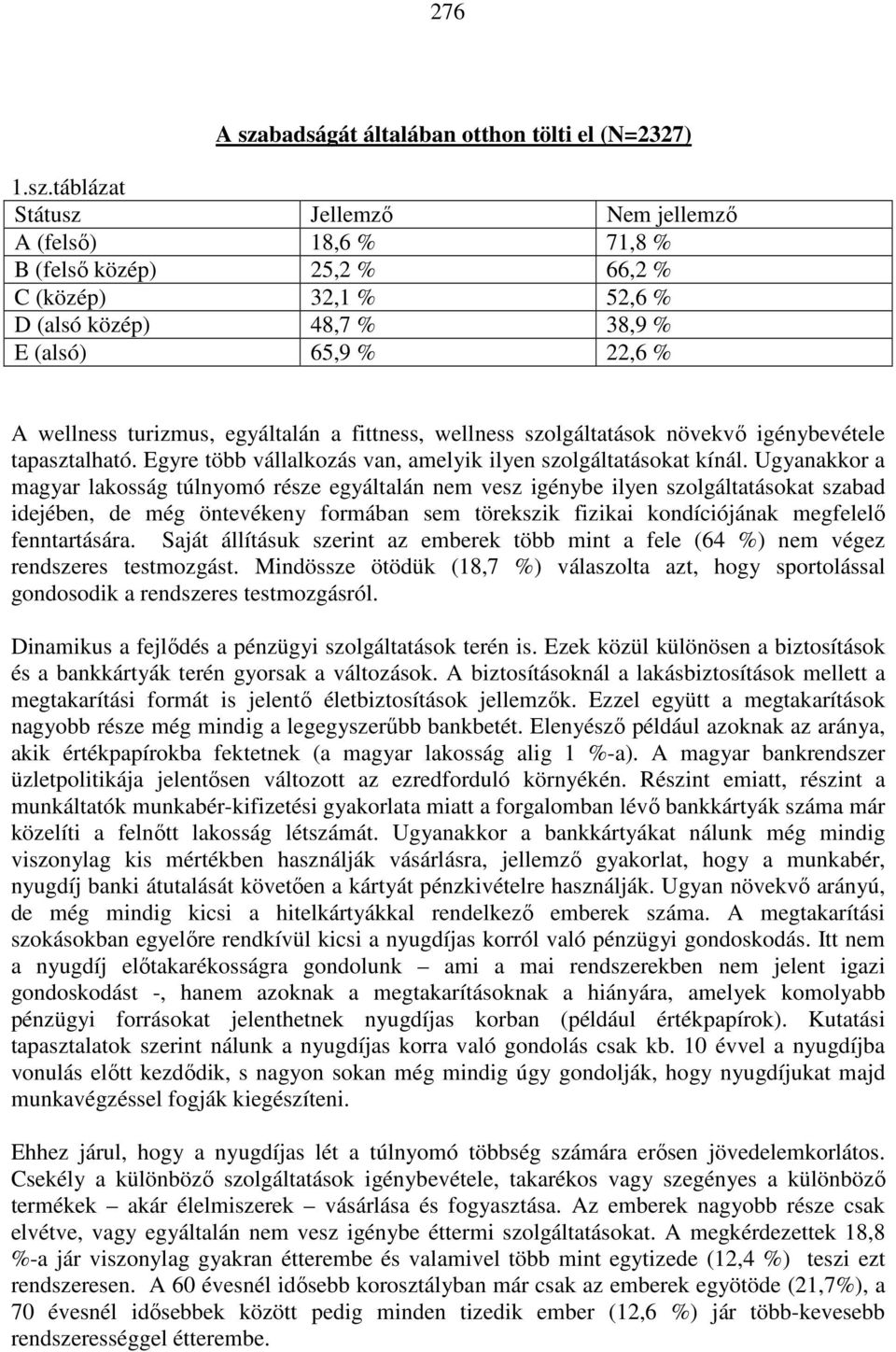 táblázat Státusz Jellemzı Nem jellemzı A (felsı) 18,6 % 71,8 % B (felsı közép) 25,2 % 66,2 % C (közép) 32,1 % 52,6 % D (alsó közép) 48,7 % 38,9 % E (alsó) 65,9 % 22,6 % A wellness turizmus,