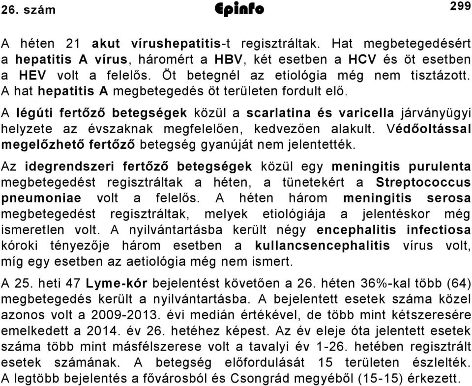 A légúti fertőző betegségek közül a scarlatina és varicella járványügyi helyzete az évszaknak megfelelően, kedvezően alakult. Védőoltással megelőzhető fertőző betegség gyanúját nem jelentették.