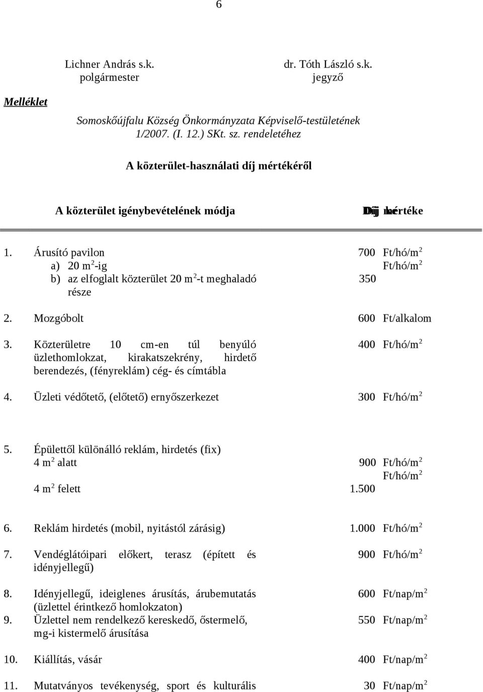 Mozgóbolt 600 Ft/alkalom 3. Közterületre 10 cm-en túl benyúló üzlethomlokzat, kirakatszekrény, hirdető berendezés, (fényreklám) cég- és címtábla 400 4. Üzleti védőtető, (előtető) ernyőszerkezet 300 5.