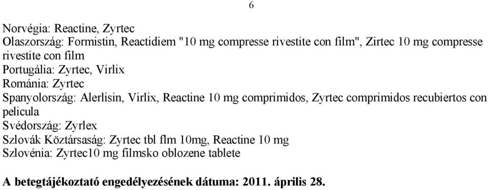 mg comprimidos, Zyrtec comprimidos recubiertos con pelicula Svédország: Zyrlex Szlovák Köztársaság: Zyrtec tbl flm