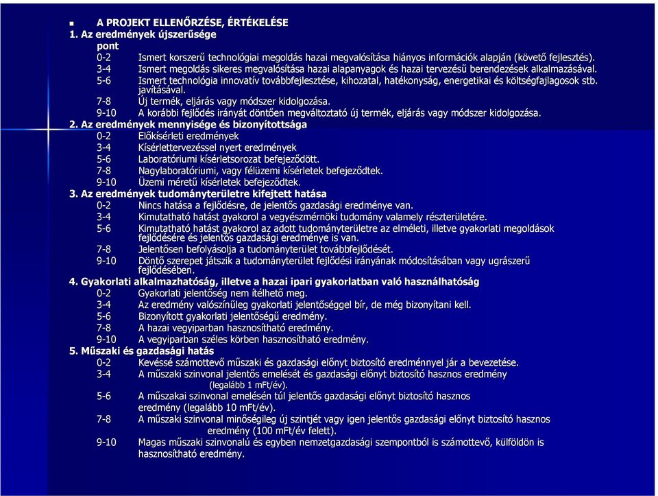 5-6 Ismert technológia innovatív továbbfejlesztése, kihozatal, hatékonyság, energetikai és költségfajlagosok stb. javításával. 7-8 Új termék, eljárás vagy módszer kidolgozása.