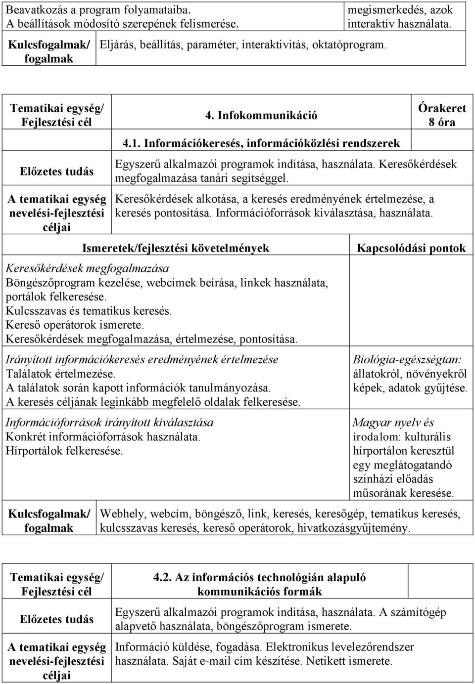 Keresőkérdések alkotása, a keresés eredményének értelmezése, a keresés pontosítása. Információforrások kiválasztása, használata.