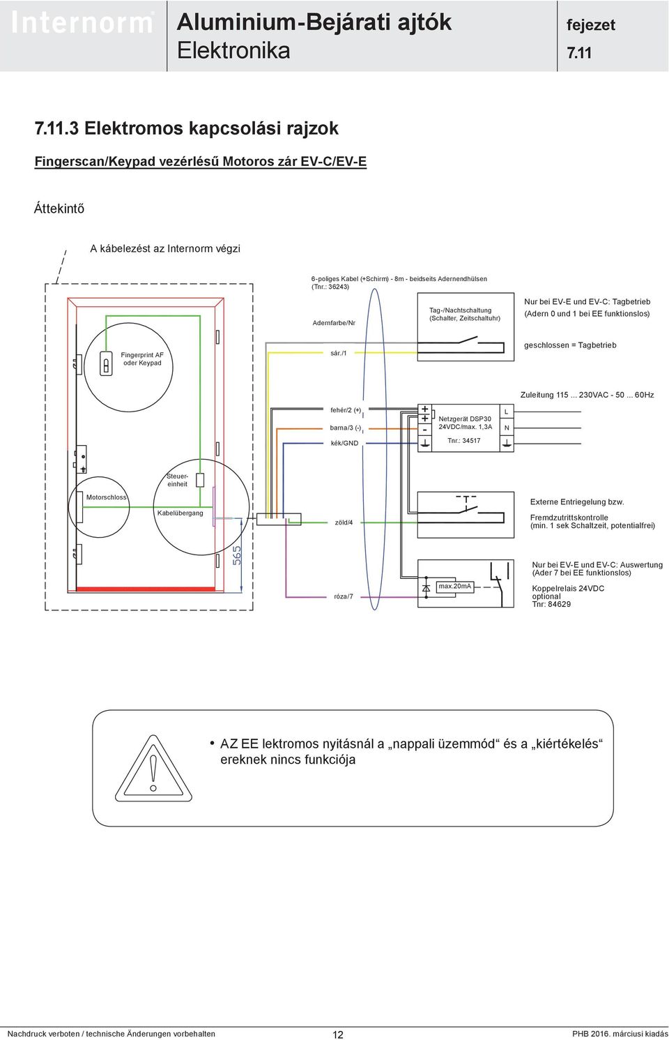 /1 geschlossen = Tagbetrieb fehér/2 (+) barna/3 (-) kék/gnd + - Netzgerät DSP30 24VDC/max. 1,3A Tnr.: 34517 L N Zuleitung 115... 230VAC - 50.