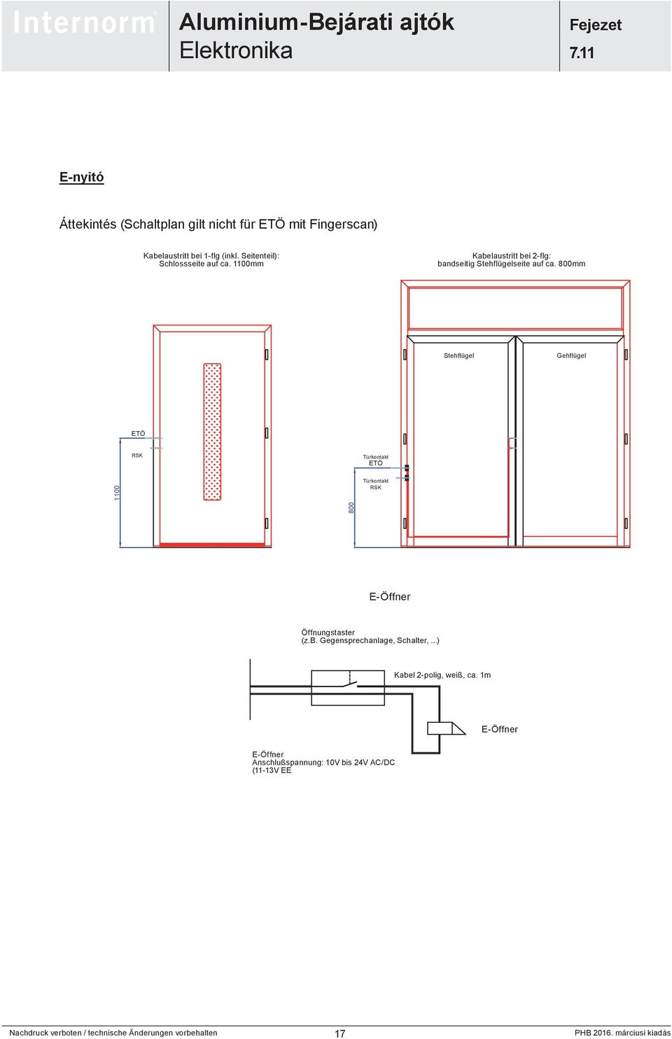 800mm Kabelaustritt bei 2-flg: Stehflügelseite auf ca. 800mm anlage, Schalter,..) Kabel 2-polig, weiß, ca.