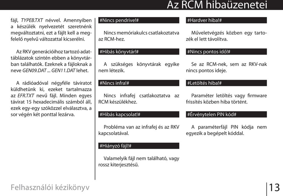 # Nincs memóriakulcs csatlakoztatva az RCM-hez. #Hibás könyvtár!# A szükséges könyvtárak egyike nem létezik. #Hardver hiba!# Műveletvégzés közben egy tartozék el lett távolítva. #Nincs pontos idő!