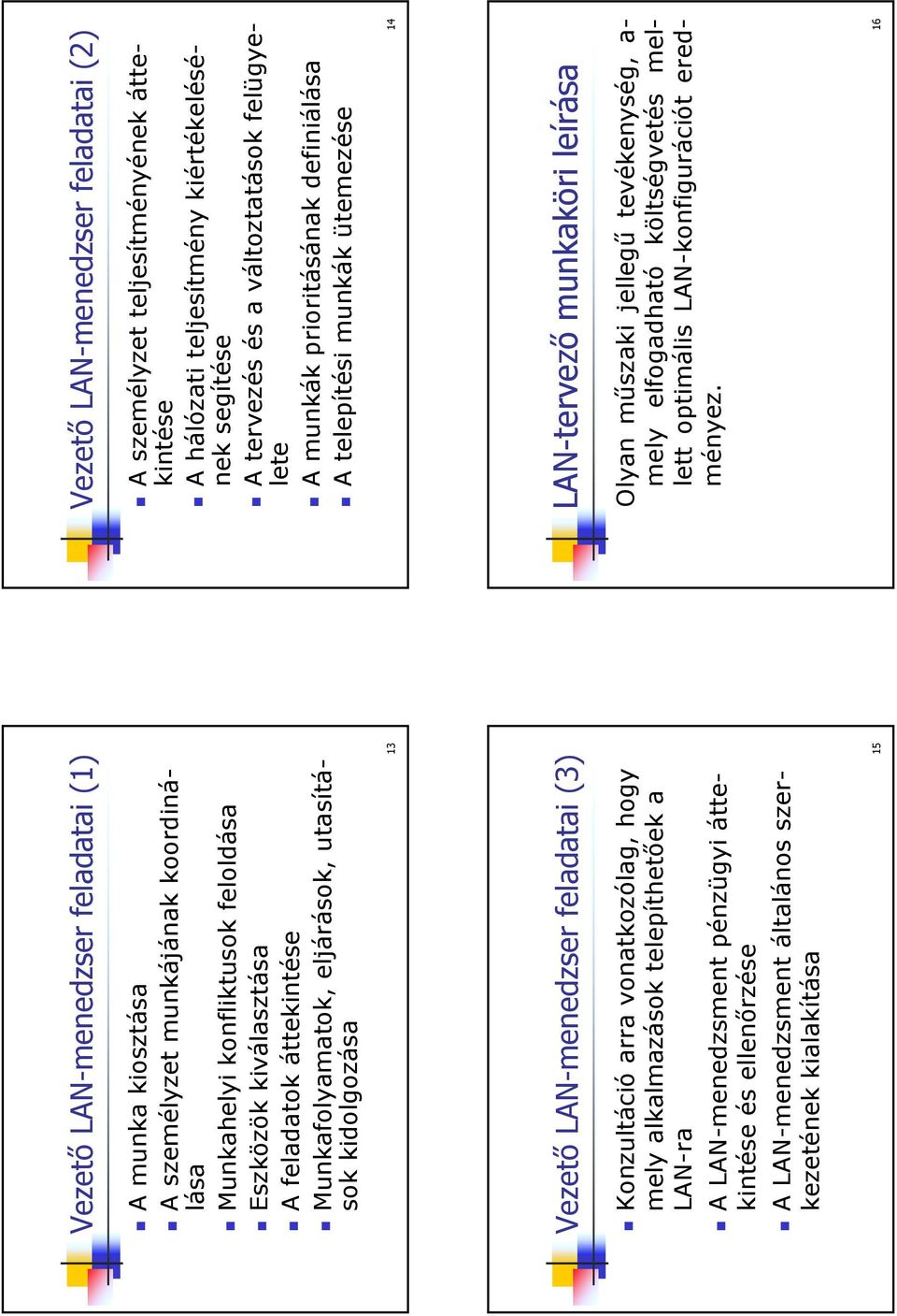 A LAN-menedzsment pénzügyi áttekintése és ellenőrzése! A LAN-menedzsment általános szerkezetének kialakítása 15 Vezető LAN-menedzser feladatai (2)! A személyzet teljesítményének áttekintése!