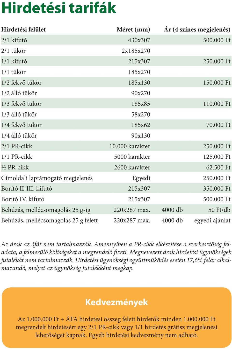 000 Ft 1/1 PR-cikk 5000 karakter 125.000 Ft ½ PR-cikk 2600 karakter 62.500 Ft Címoldali laptámogató megjelenés Egyedi 250.000 Ft Borító II-III. kifutó 215x307 350.000 Ft Borító IV. kifutó 215x307 500.