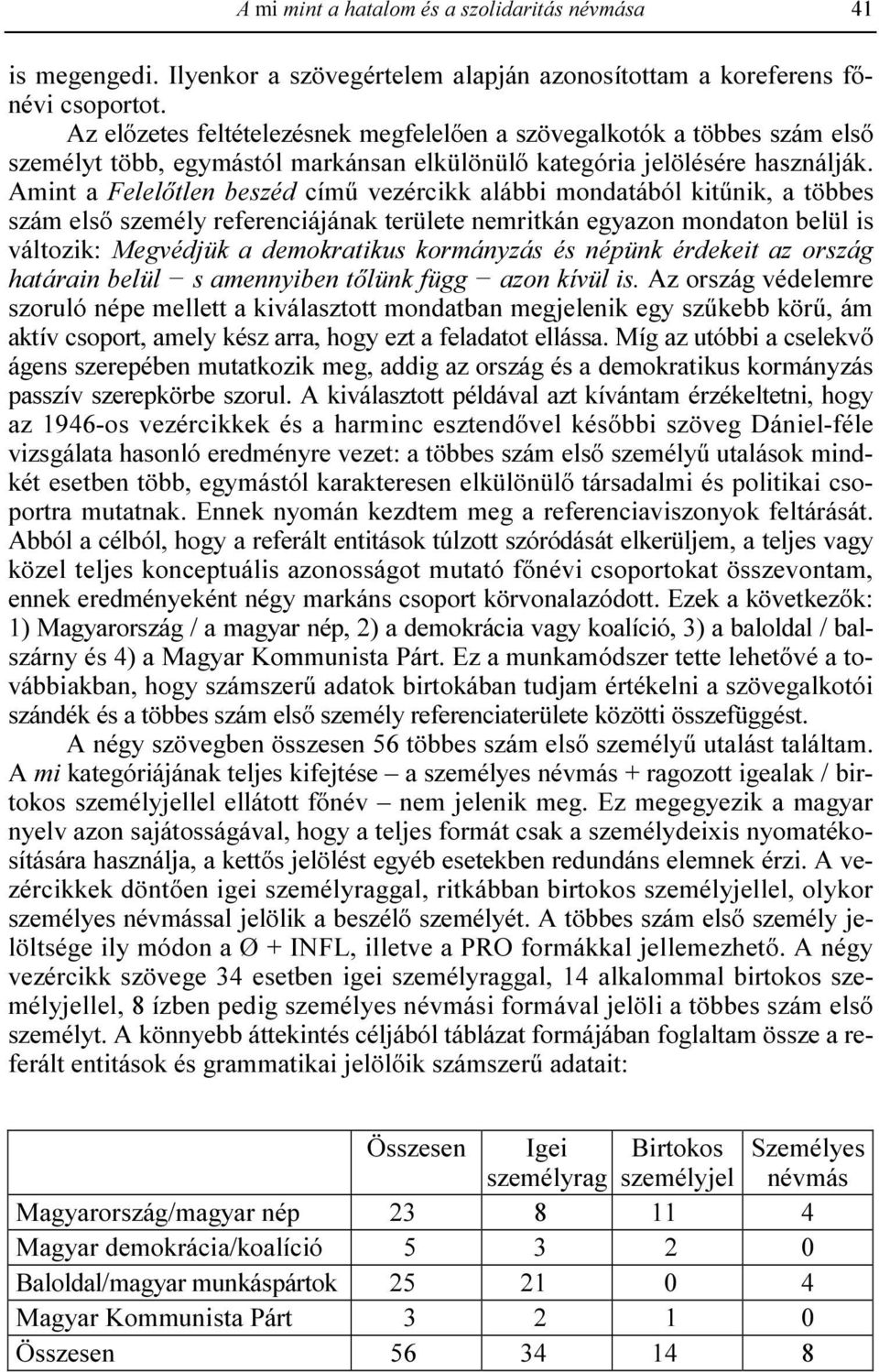 Amint a Felelıtlen beszéd címő vezércikk alábbi mondatából kitőnik, a többes szám elsı személy referenciájának területe nemritkán egyazon mondaton belül is változik: Megvédjük a demokratikus